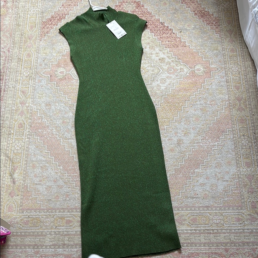 Zara Green Ribbed Sheath Midi Dress Mock Neck